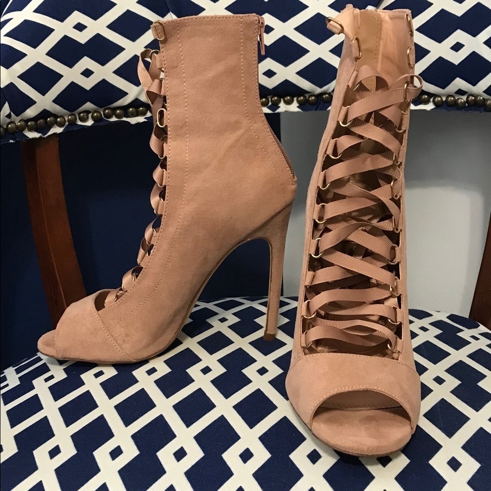 Mauve ribbon lace up peep toe ankle bootie heel